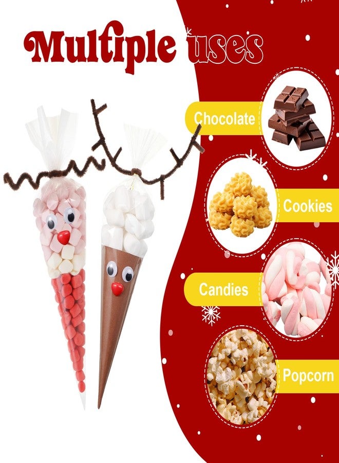Resholder 300 Pcs Christmas Reindeer Cone Cellophane Bags Kit DIY 7.1x14.6 Inch Clear Cone Shaped Treat Bag with Pipe Cleaner Wiggle Eyes Nose for Popcorn Cotton Candy Goodie Cookie Party Favor - Image 3
